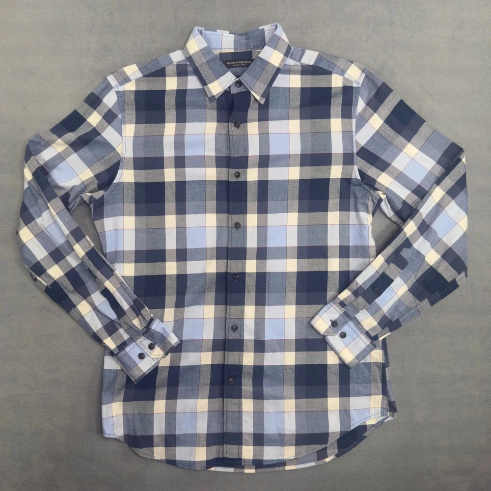 Banana Republic Mens Luxe Flannel Grant Fit Blue Buffalo Plaid Shirt M